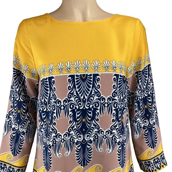 J. Crew Factory Dress Size 2 Jules Scroll Print Yellow Navy & Pink Shift‎ - Picture 4 of 7